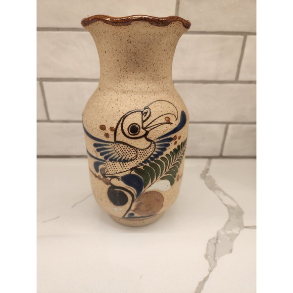 Hand Painted Art Pottery Mexican Tonala‎ Bird Flowers Floral Vase Signed 8 1/4" - Picture 2 of 11